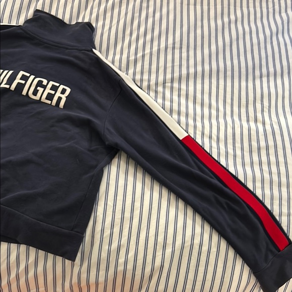 VTG Hilfiger Mockneck Jacket Navy Blue Embroidered Logo Spellout on Back - Picture 4 of 6